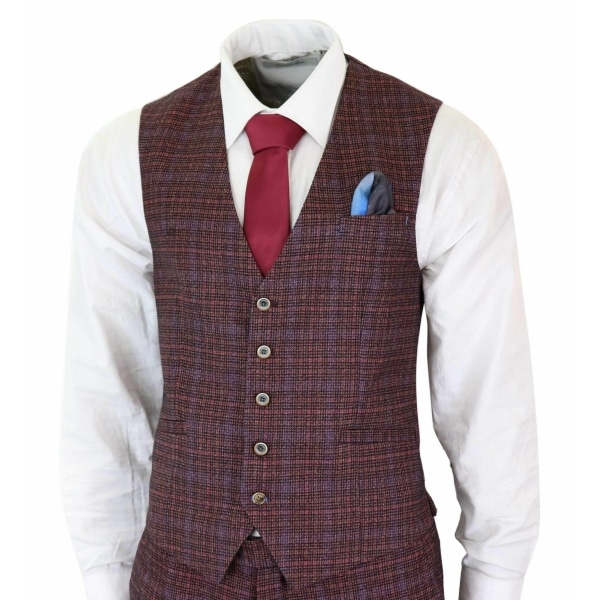 Cavani Carly - Men's 3 Piece Tweed Check Burgundy Suit