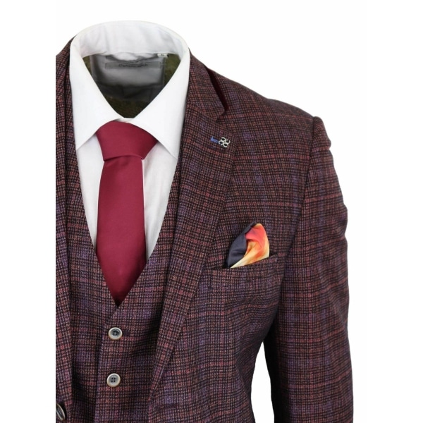 Cavani Carly - Men's 3 Piece Tweed Check Burgundy Suit