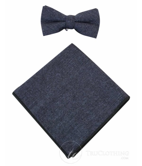 Cavani Martez Bow Tie - Mens Herringbone Tweed Check Bow Tie Hanky Retro Vintage Classic Peaky Blinders