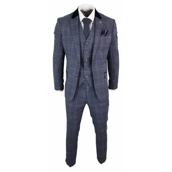 Cavani Miles - Mens Blue Navy 3 Piece Tweed Suit Herringbone Vintage Peaky Blinders 1920's Retro