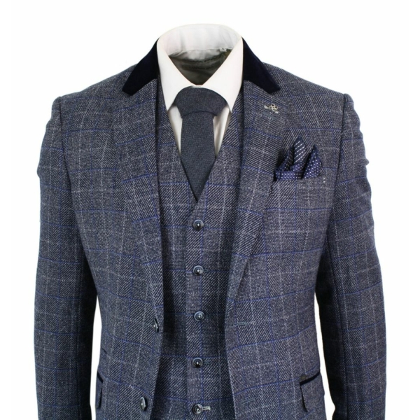 Cavani Miles - Mens Blue Navy 3 Piece Tweed Suit Herringbone Vintage Peaky Blinders 1920's Retro