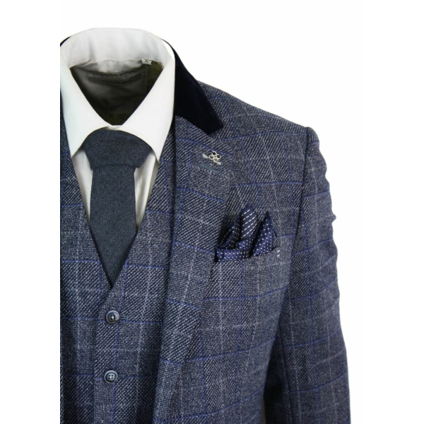 Cavani Miles - Mens Blue Navy 3 Piece Tweed Suit Herringbone Vintage Peaky Blinders 1920's Retro