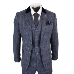 Cavani Miles – Mens Blue Navy 3 Piece Tweed Suit Herringbone Vintage Peaky Blinders 1920’s Retro