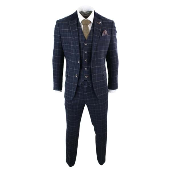 Cavani Shelby - Mens Navy Blue 3 Piece Herringbone Check Suit Vintage Retro Peaky Blinders Tweed