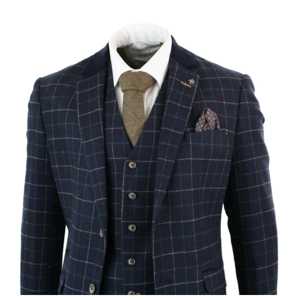 Cavani Shelby - Mens Navy Blue 3 Piece Herringbone Check Suit Vintage Retro Peaky Blinders Tweed