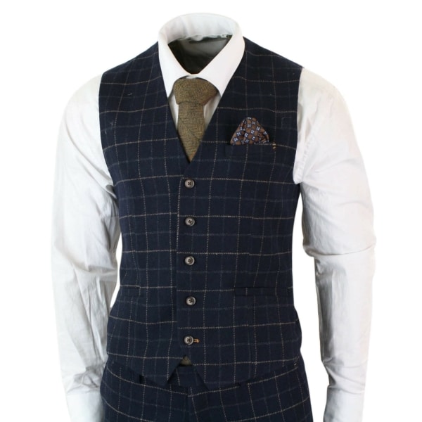 Cavani Shelby - Mens Navy Blue 3 Piece Herringbone Check Suit Vintage Retro Peaky Blinders Tweed