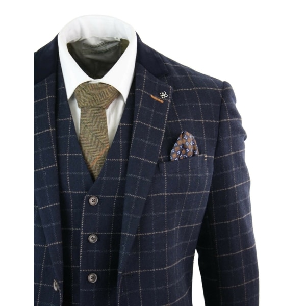 Cavani Shelby - Mens Navy Blue 3 Piece Herringbone Check Suit Vintage Retro Peaky Blinders Tweed