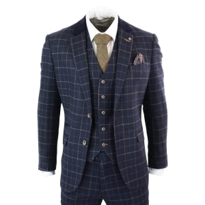 Cavani Shelby – Mens Navy Blue 3 Piece Herringbone Check Suit Vintage Retro Peaky Blinders Tweed