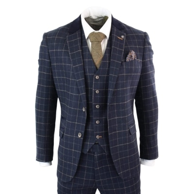 Cavani Shelby - Mens Navy Blue 3 Piece Herringbone Check Suit Vintage Retro Peaky Blinders Tweed