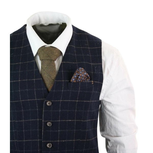 Cavani Shelby - Mens Navy Blue 3 Piece Herringbone Check Suit Vintage Retro Peaky Blinders Tweed