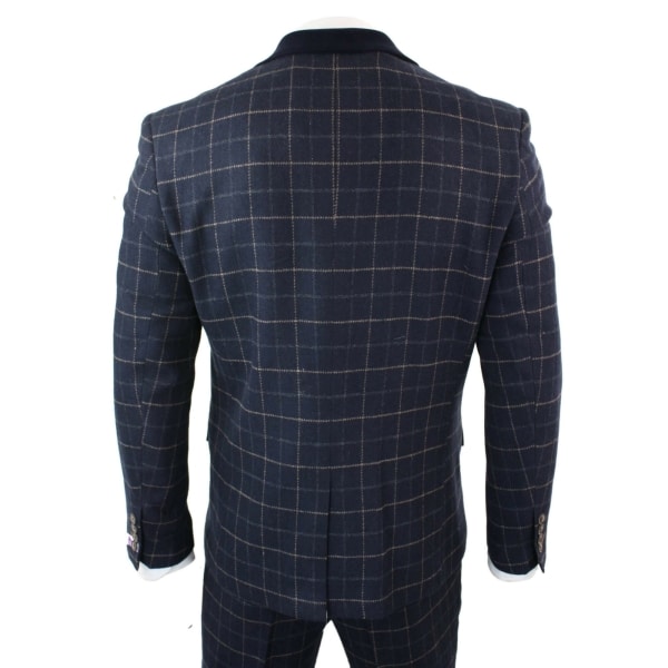 Cavani Shelby - Mens Navy Blue 3 Piece Herringbone Check Suit Vintage Retro Peaky Blinders Tweed