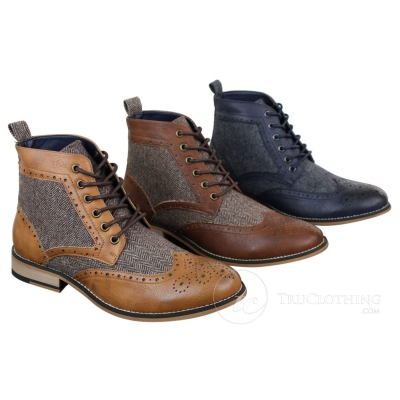 Cavani Sherlock - Mens Leather & Tweed Herringbone Ankle Boots