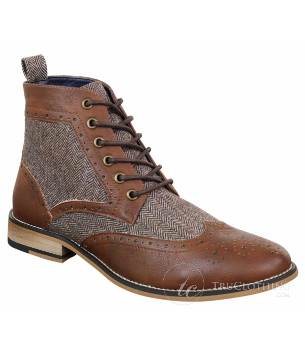 Cavani Sherlock - Mens Leather & Tweed Herringbone Ankle Boots