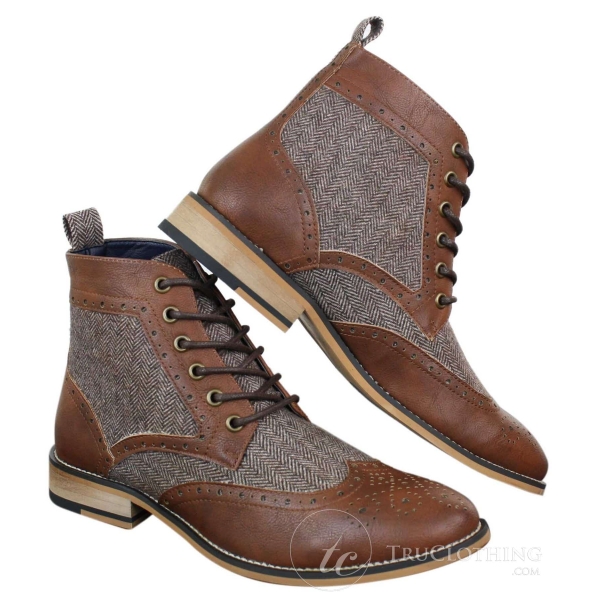 Cavani Sherlock - Mens Leather & Tweed Herringbone Ankle Boots