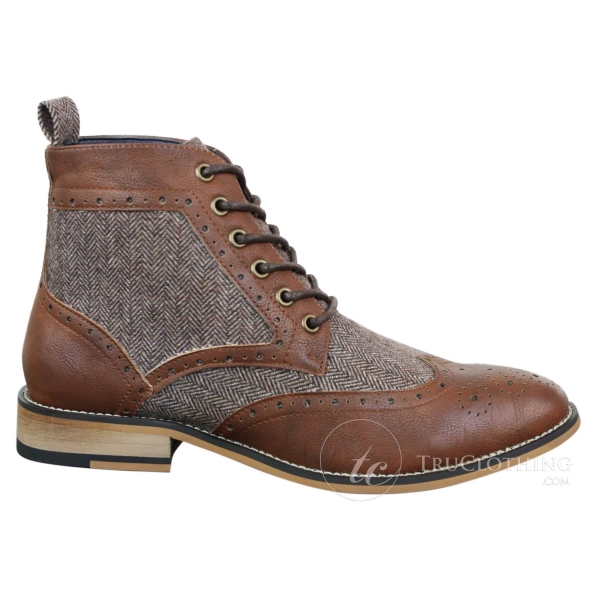 Cavani Sherlock - Mens Leather & Tweed Herringbone Ankle Boots