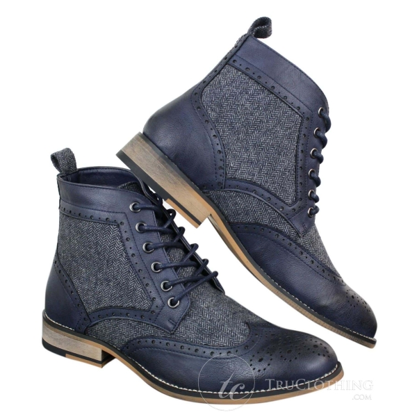 Cavani Sherlock - Mens Leather & Tweed Herringbone Ankle Boots