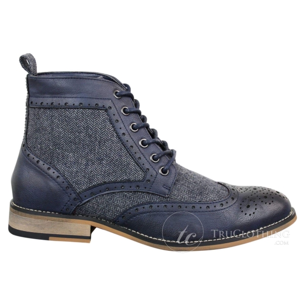 Cavani Sherlock - Mens Leather & Tweed Herringbone Ankle Boots