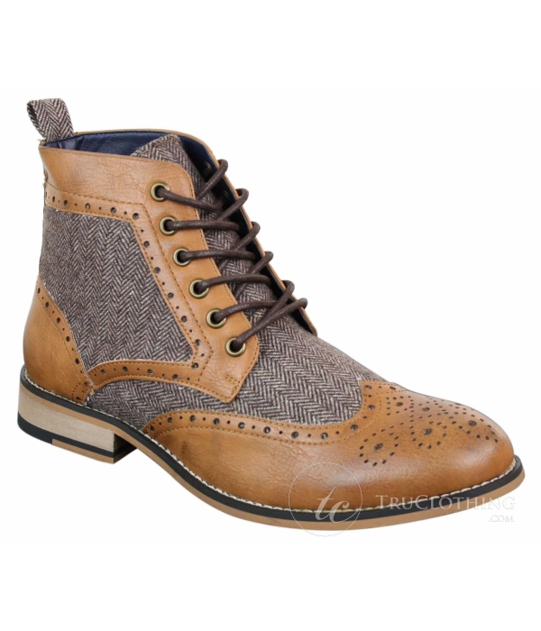 Cavani Sherlock - Mens Leather & Tweed Herringbone Ankle Boots