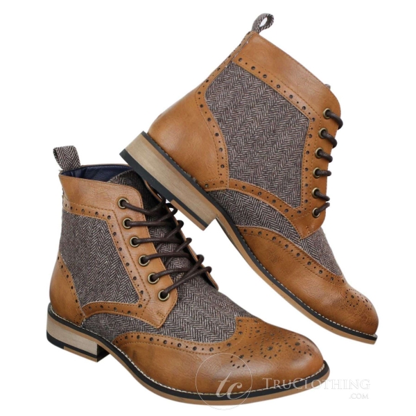 Cavani Sherlock - Mens Leather & Tweed Herringbone Ankle Boots