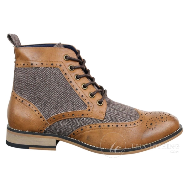 Cavani Sherlock - Mens Leather & Tweed Herringbone Ankle Boots