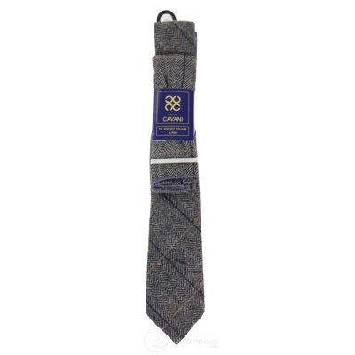 Charcoal Grey Check Tweed Tie with Hankie and Tie Clip - Charcoal Grey