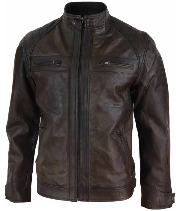 Real Leather Mens Brown Classic Biker Jacket - Brown Biker