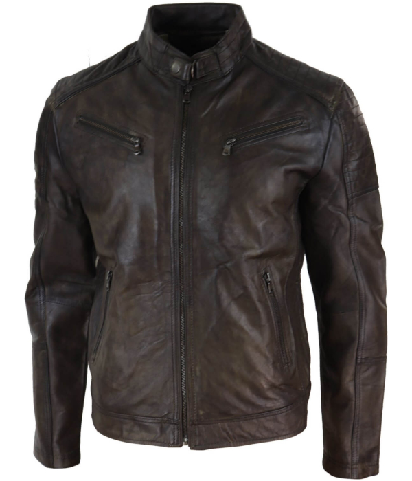 Real Leather Brown Classic Mens Racer Jacket - Brown Racer