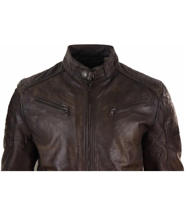 Real Leather Brown Classic Mens Racer Jacket - Brown Racer