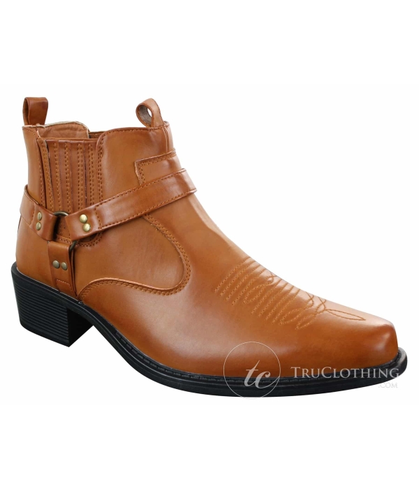 CLASSIQUE MBO 3136 Mens Tan Brown Black Ankle Boots Leather Slip On Cowboy Western Riding Buckle