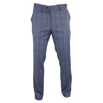 Cavani Connall - Mens Classic Tweed Check Vintage Trousers - Blue