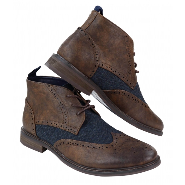 Mens Leather & Tweed Laced Ankle Boots