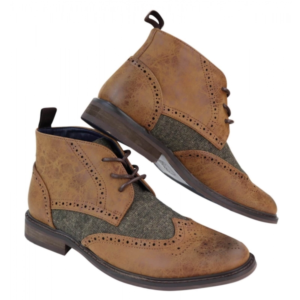 Mens Leather & Tweed Laced Ankle Boots