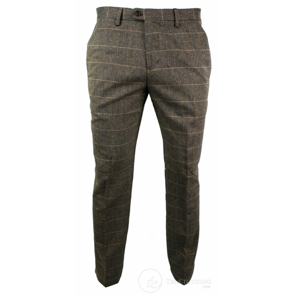 Mens Vintage Tweed Check Trouser Herringbone Tan Brown Slim Fit Regular