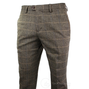 Mens Vintage Tweed Check Trouser Herringbone Tan Brown Slim Fit Regular