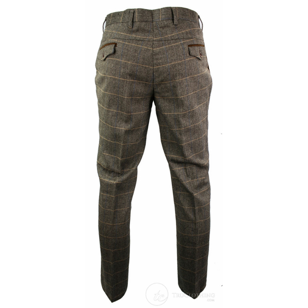 Mens Vintage Tweed Check Trouser Herringbone Tan Brown Slim Fit Regular