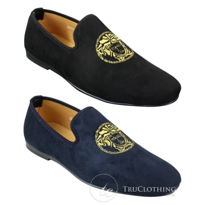 Fiorello HD0112-04 - Mens Black Iconic Medusa Slip On Loafers Moccasins Driving Shoes PU Suede Italian