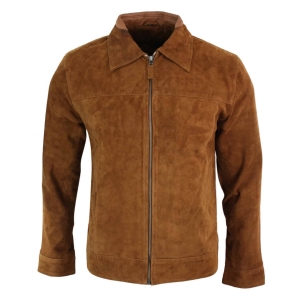 Infinity G500 Suede – Mens Real Leather Classic Zip Jacket Camel Turn Down Collar Vintage Retro