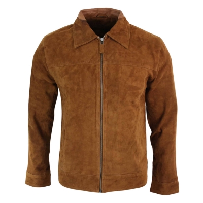 Infinity G500 Suede - Mens Real Leather Classic Zip Jacket Camel Turn Down Collar Vintage Retro