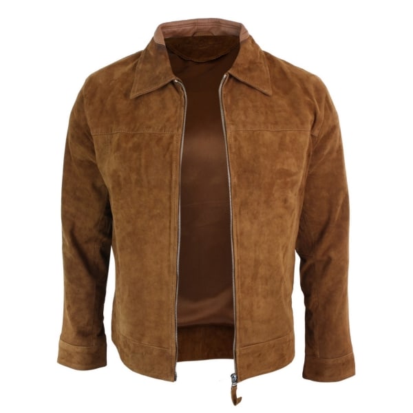 Infinity G500 Suede - Mens Real Leather Classic Zip Jacket Camel Turn Down Collar Vintage Retro