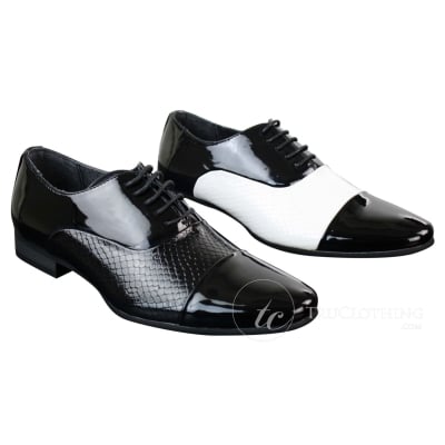 Mens Laced Smart Shiny Patent Snake Skin Italian Design Leather Shoes Black White