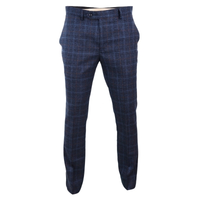 Mens Tweed Check Vintage Trousers - Navy