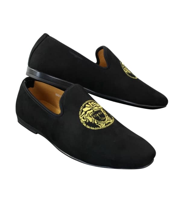 Fiorello HD0112-04 - Mens Black Iconic Medusa Slip On Loafers Moccasins Driving Shoes PU Suede Italian