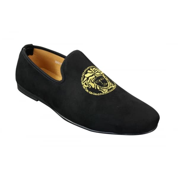 Fiorello HD0112-04 - Mens Black Iconic Medusa Slip On Loafers Moccasins Driving Shoes PU Suede Italian