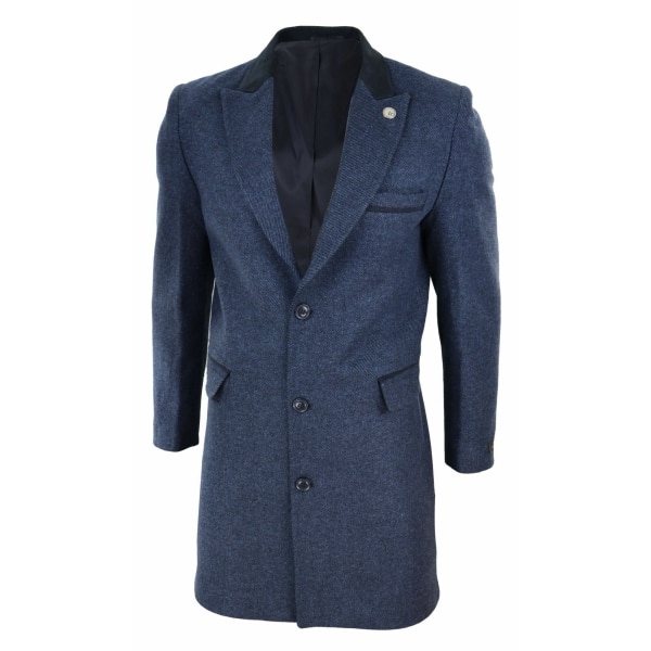 Herringbone Tweed 3/4 Long Overcoat-Navy