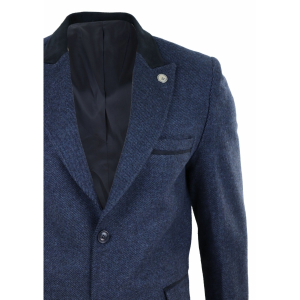 Herringbone Tweed 3/4 Long Overcoat-Navy