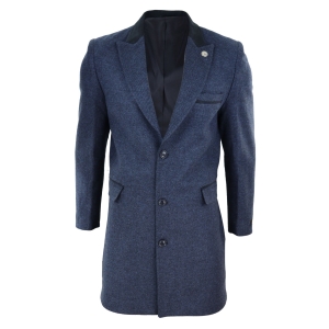 Herringbone Tweed 3/4 Long Overcoat-Navy