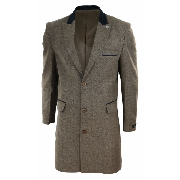 Herringbone Tweed 3/4 Long Overcoat-Oak