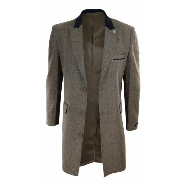 Herringbone Tweed 3/4 Long Overcoat-Oak