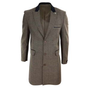 Herringbone Tweed 3/4 Long Overcoat-Oak