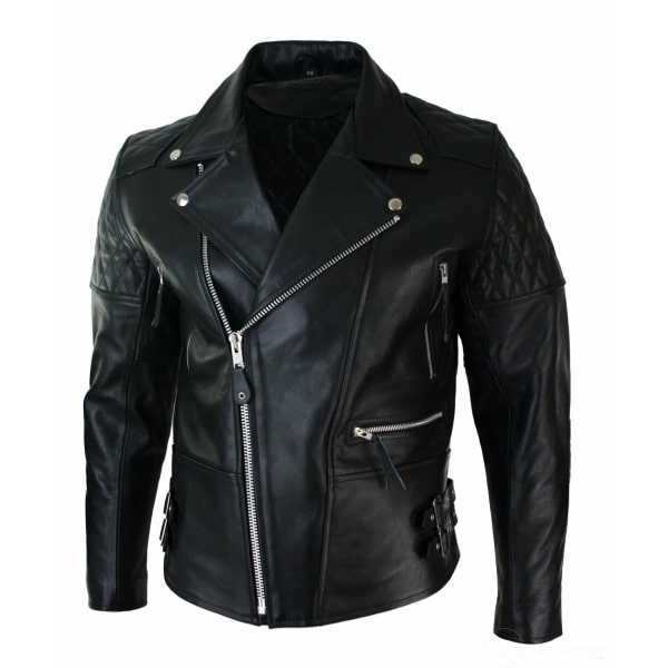 Real Leather Cross Zip Cow Hide Padded Mens Biker Jacket White Black Brando Vintage-Black